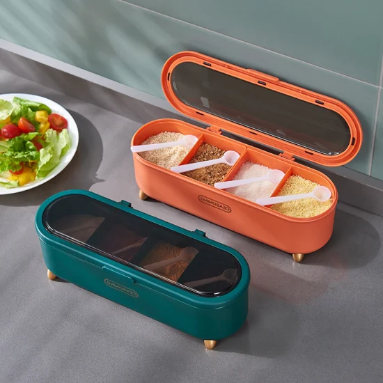 Caja de condimentos de plástico de 4 rejillas con cuchara Frasco de especias Frascos de especias de hierbas de múltiples compartimentos Ollas Accesorios de cocina Contenedor de condimentos Ci22644